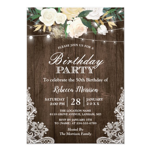 Rustic White Floral String Lights Birthday Party Card
