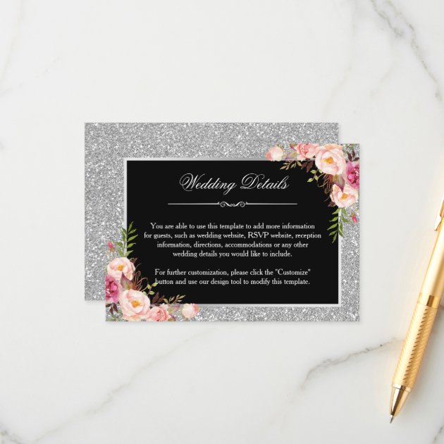 Silver Glitter Floral Wedding Details Reception Enclosure Card