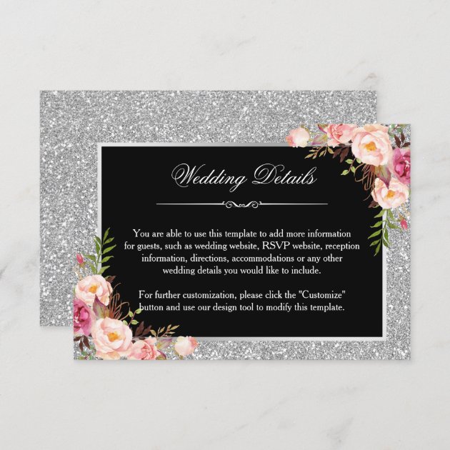 Silver Glitter Floral Wedding Details Reception Enclosure Card