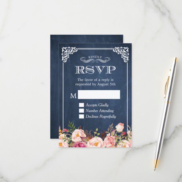 Rustic Blue Chalkboard Pink Floral RSVP Reply