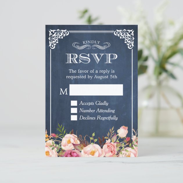 Rustic Blue Chalkboard Pink Floral RSVP Reply