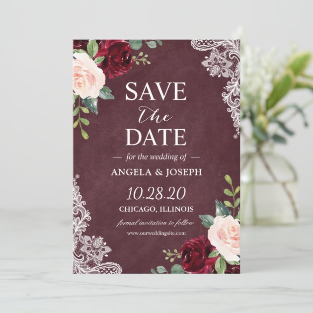 Burgundy Blush Floral Beautiful White Lace Wedding Save The Date
