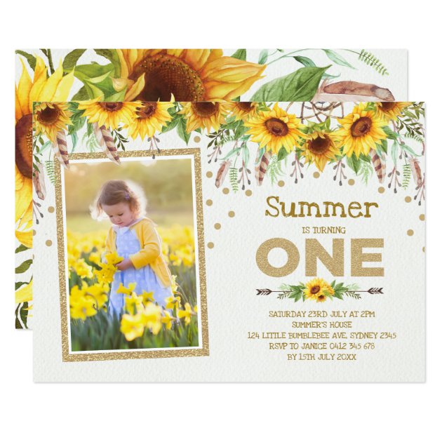 Sunflower First 1st Birthday Yellow Summer Floral Invitation