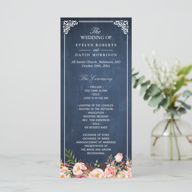Vintage Floral Blue Chalkboard Wedding Program