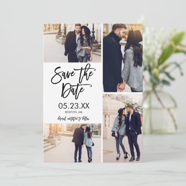 Chic White Save The Date 4-Photo Collage Card