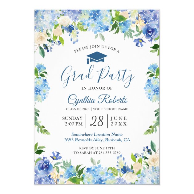 Chic Blue Hydrangeas Floral Graduation Party Invitation