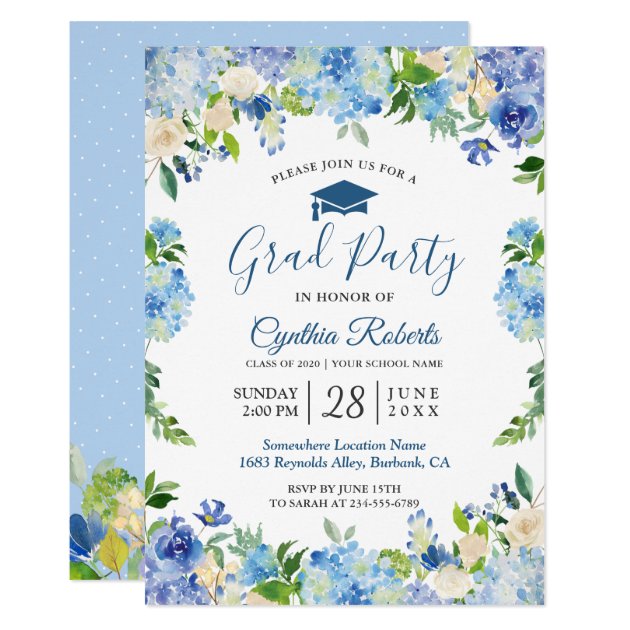 Chic Blue Hydrangeas Floral Graduation Party Card