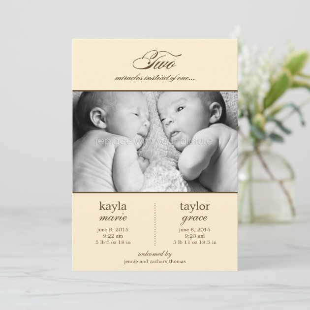 Two Miracles Twins Birth Announcement - Cream