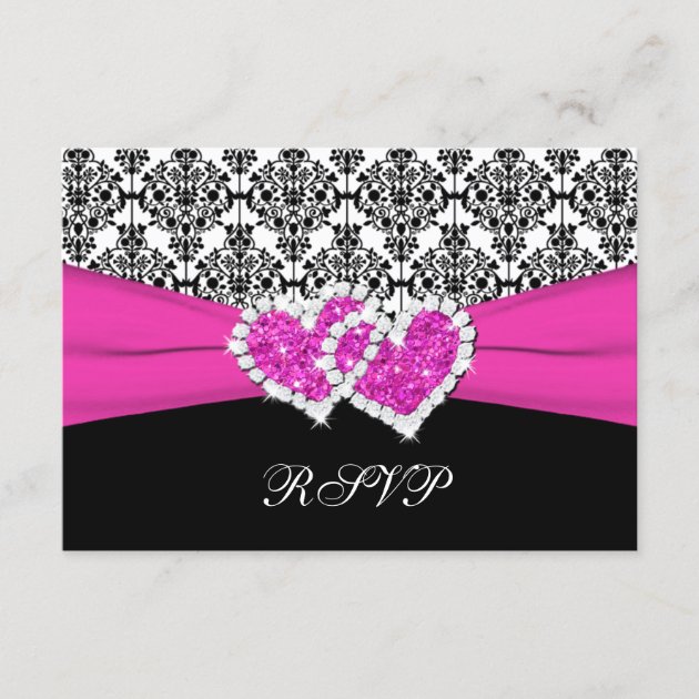 Black, White, Pink Damask & Hearts Reply Card