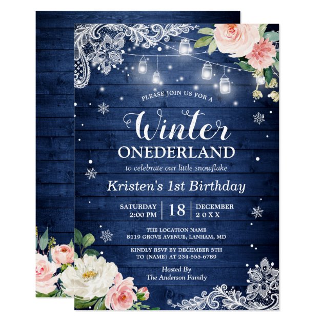 Blue Winter Onederland Floral Baby First Birthday Invitation