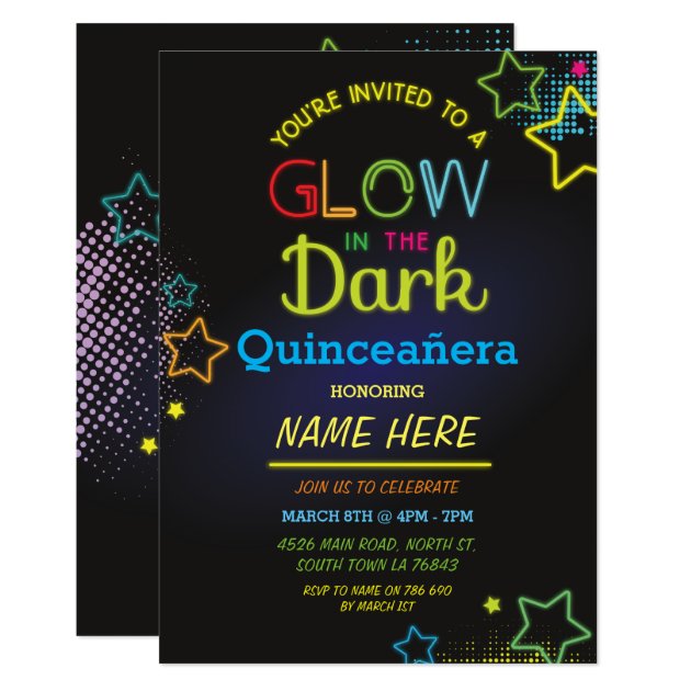 Quinceanera Glow In The Dark Birthday Neon Party Invitation