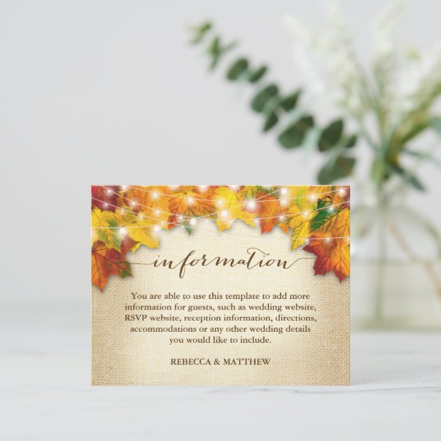 Autumn Leaves Twinkle Lights Burlap Wedding Info Enclosure Card