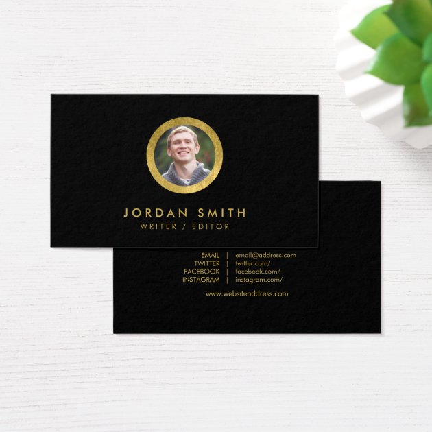 Chic Black & Faux Gold Profile Photo Social Media Business Card
