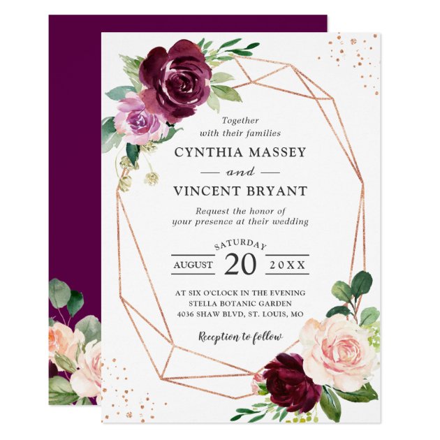 Plum Purple Blush Floral Modern Geometric Wedding Invitation