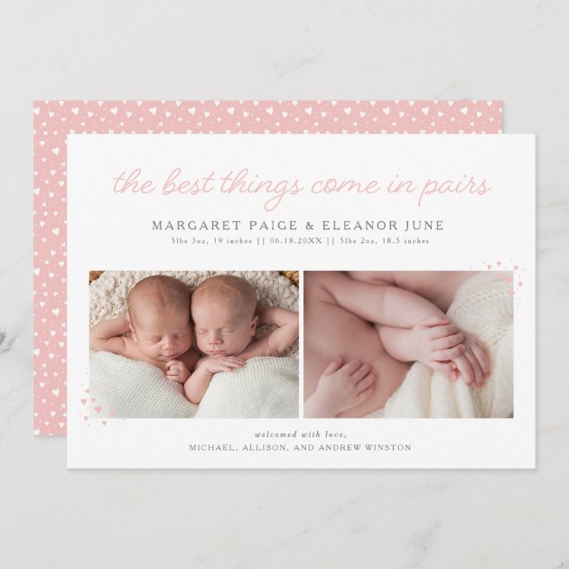 Pairs Twin Birth Announcement With Pink Hearts