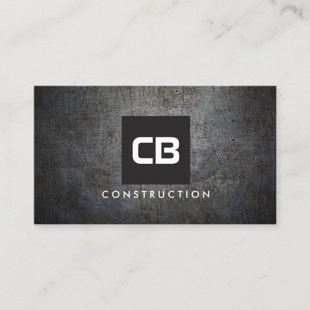 Black Square Monogram Grunge Metal Construction Business Card (front side)