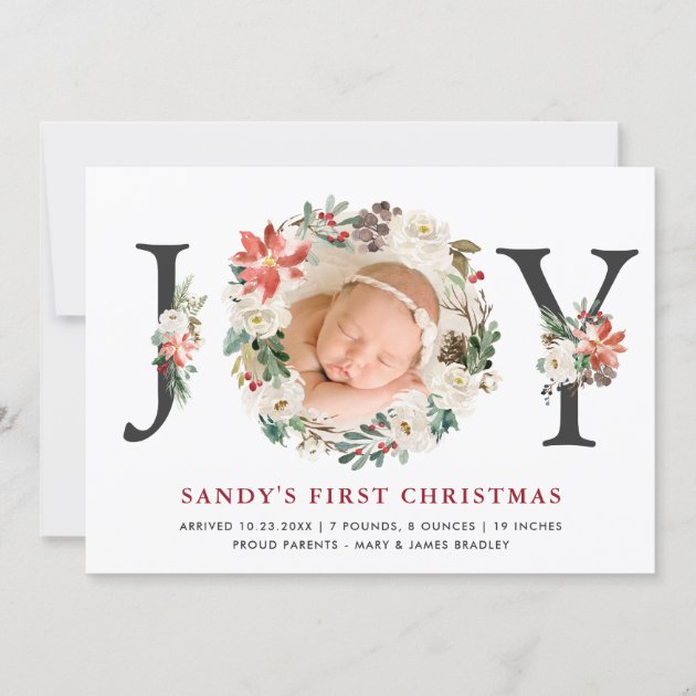 Baby First Christmas Poinsettia Ivory Floral Photo Holiday Card