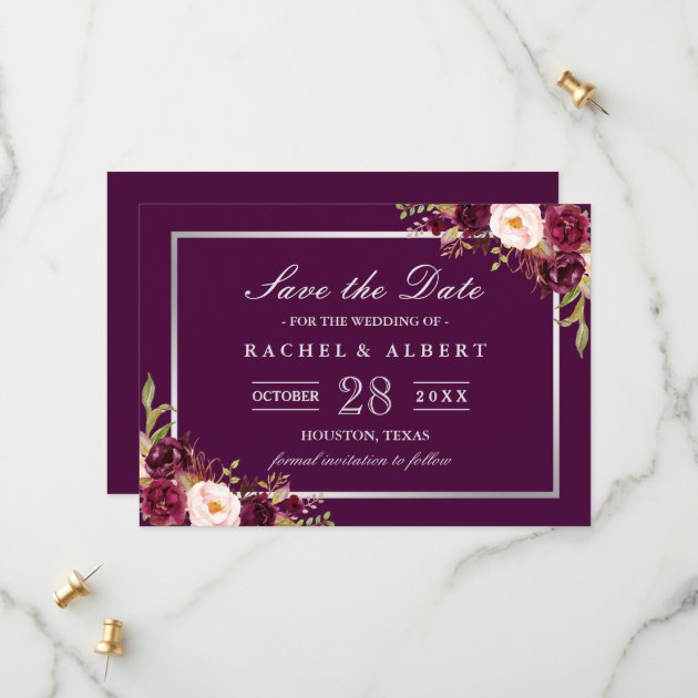 Plum Purple Floral Silver Gray Save The Date