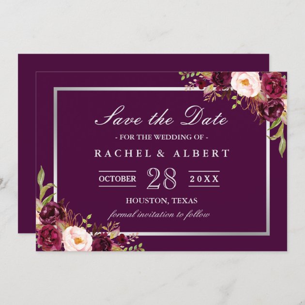 Plum Purple Floral Silver Gray Save The Date