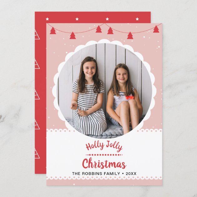 Elegant Pink Red Girls Holly Jolly Christmas Photo Holiday Card