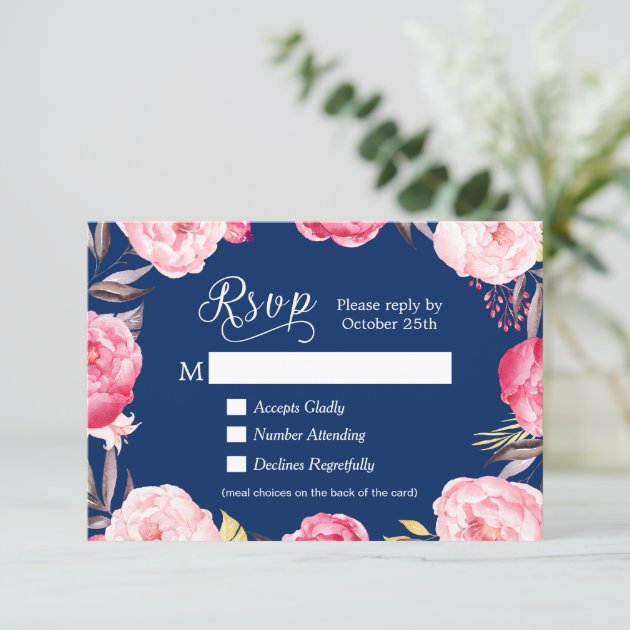 Romantic Floral Navy Blue Meal Choices RSVP Reply
