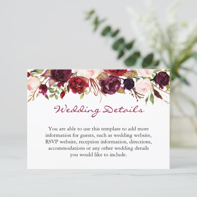 Burgundy Marsala Red Floral Wedding Details Info Enclosure Card