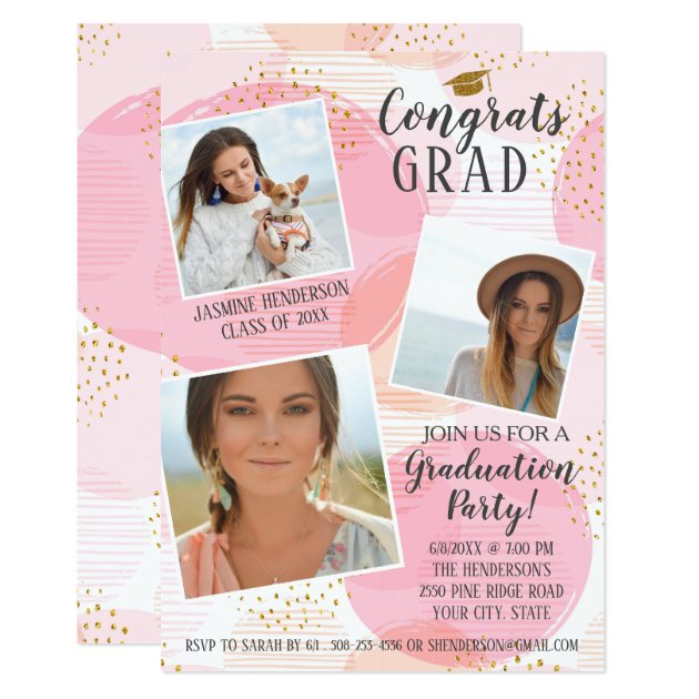 Graduation Party Photo Collage Blush Pink Trendy Card (front side)