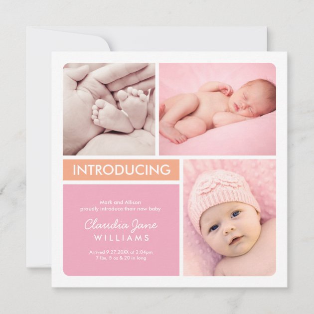 Multi-Photo Birth Announcement Card | Pink Orange