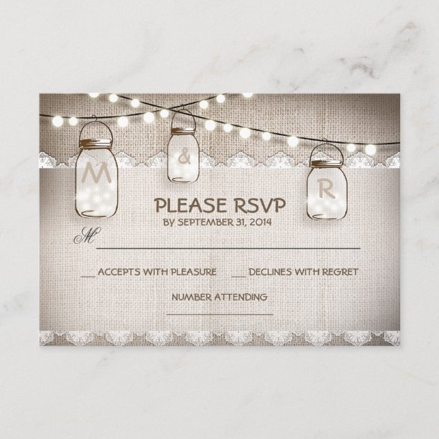 Burlap Lace Lights & Mason Jar Wedding RSVP Card