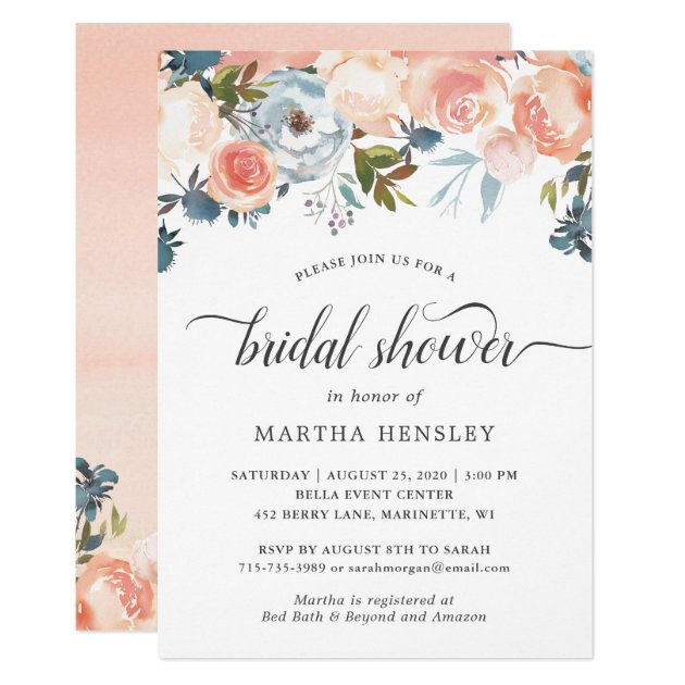 Autumn Peach Floral Curly Script Bridal Shower Card