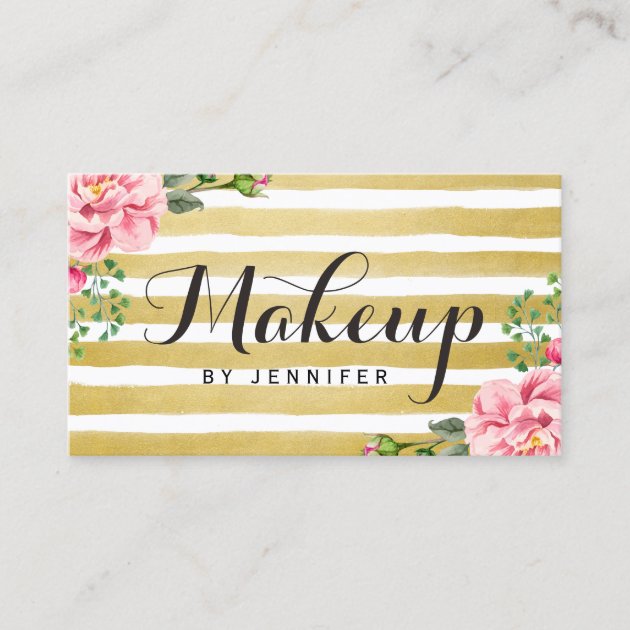 Makeup Artist Script Classy Floral Gold Striped Business Card (front side)
