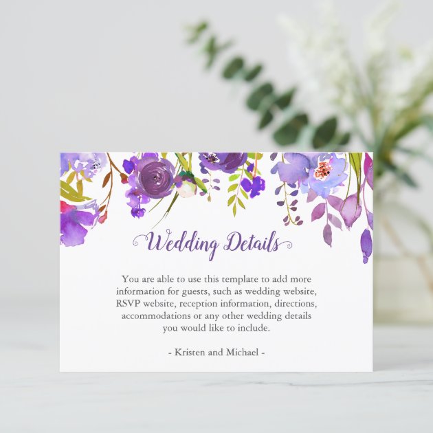 Purple Violet Flowers Wedding Details Reception Enclosure Card