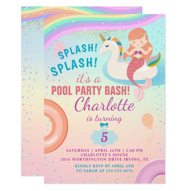 Cute Rainbow Pool Party Unicorn Mermaid Birthday Invitation