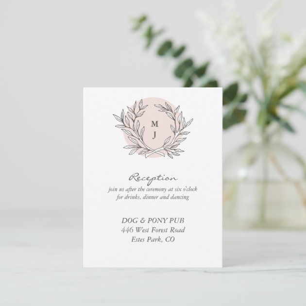 Blush Rustic Monogram Wreath Wedding Reception Enclosure Card
