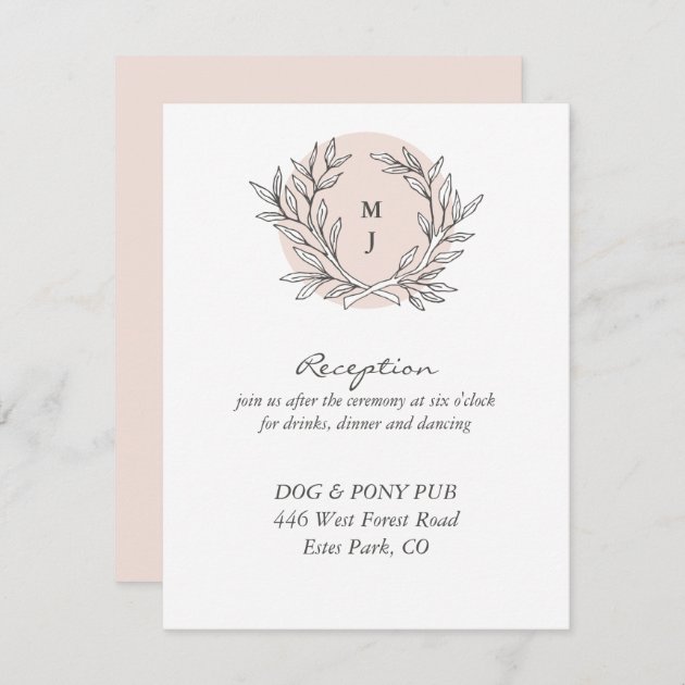 Blush Rustic Monogram Wreath Wedding Reception Enclosure Card