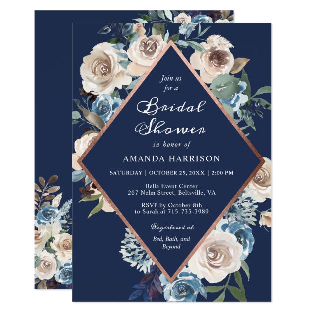Neutral Floral Navy Blue Rose Gold Bridal Shower Invitation
