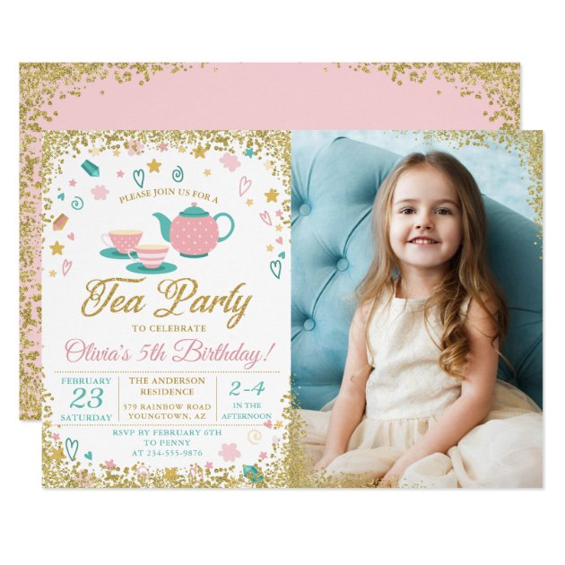Pink Gold Glitter Tea Party Girls Birthday Photo Invitation