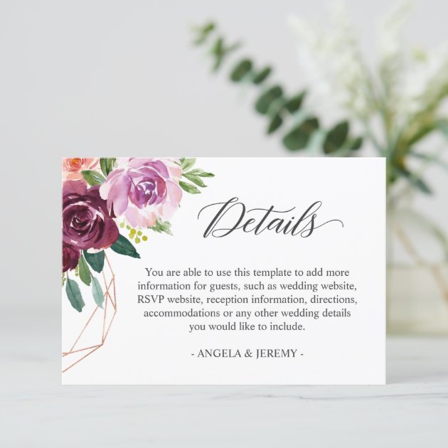 Mulberry Lilac Purple Floral Wedding Details Enclosure Card