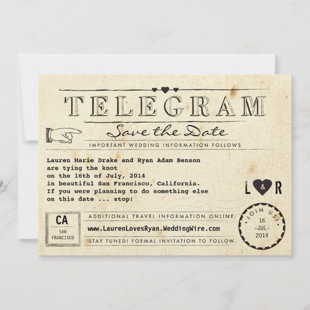 Telegram with Hearts Vintage Travel Save the Date