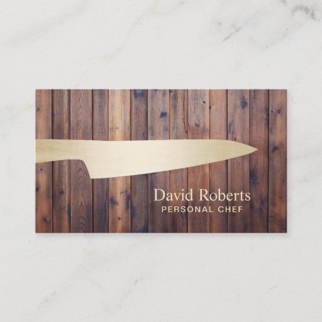 Personal Chef Catering Gold Knife Rustic Wood Business Card (front side)