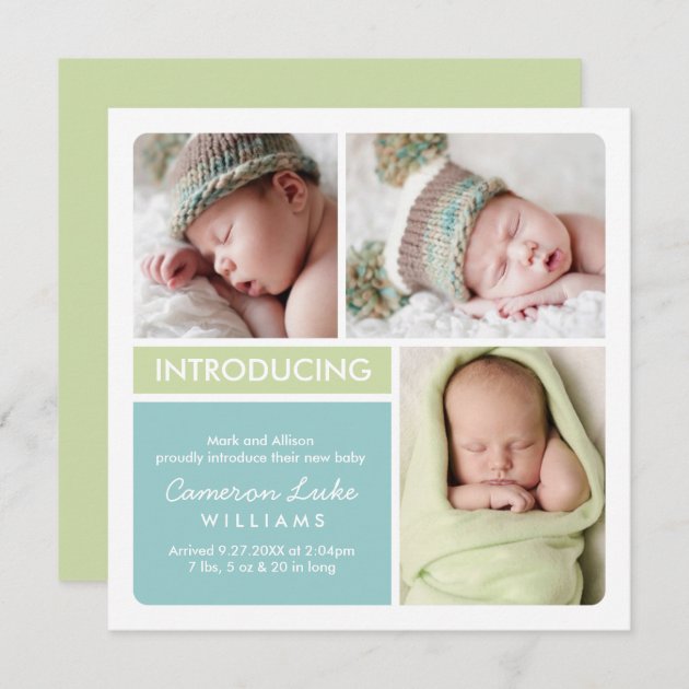 Multi-Photo Birth Announcement Card | Aqua, Green