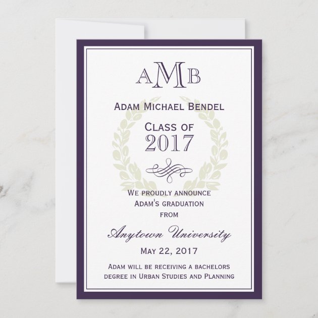 Purple Elegant Monogram Graduation Announcement