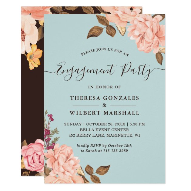 Engagement Party Dusty Aqua Blue Blush Pink Floral Invitation