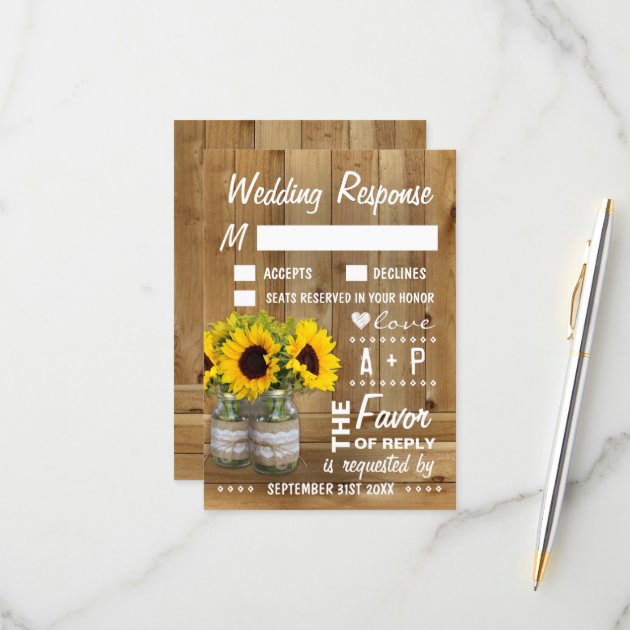 Mason Jar Burlap Lace Sunflower Wedding RSVP Cards