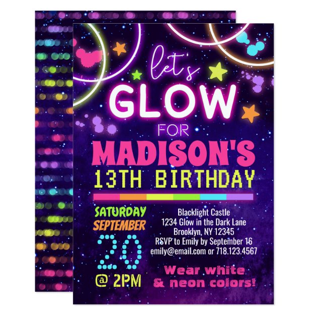 Neon Glow in the Dark Glow Party Birthday Invitation