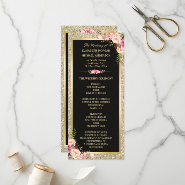 Pink Floral Gold Glitter Sparkling Wedding Program