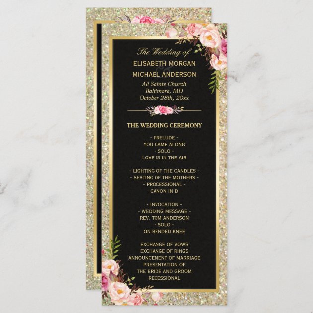 Pink Floral Gold Glitter Sparkling Wedding Program