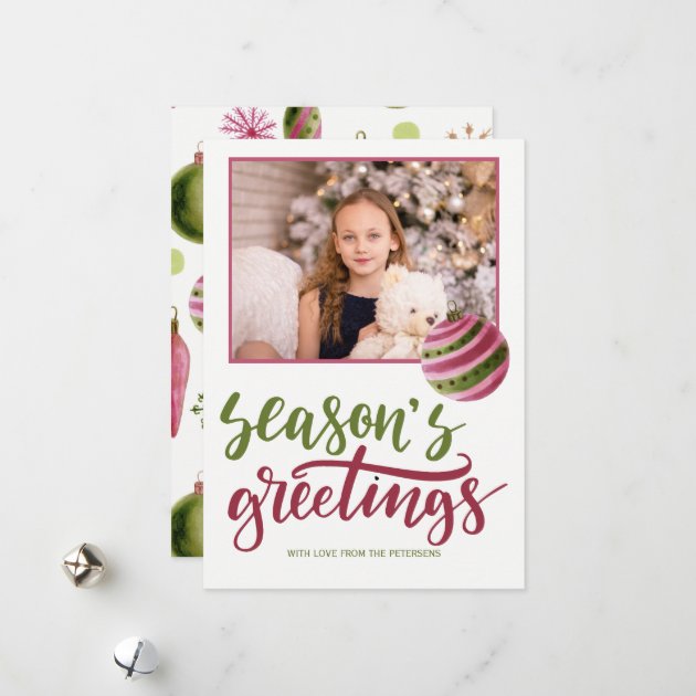 Seasons Greetings Pink Green Script Photo Holiday Card