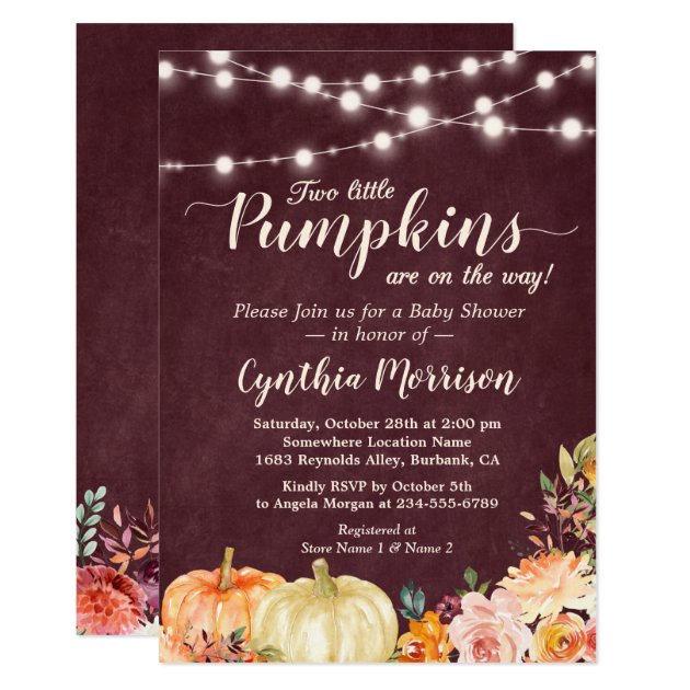 Pumpkin Twins Baby Shower String Lights Floral Invitation