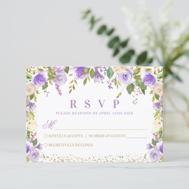 Purple Floral Sparkle Gold Glitter RSVP Card